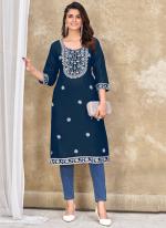 Rayon Aqua Blue Office Wear Embroidery Work Readymade Kurti